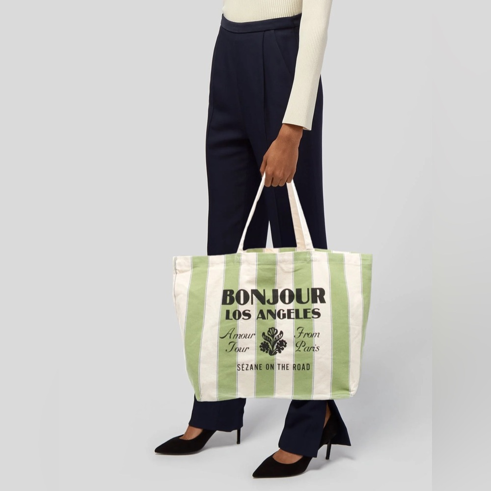 Sézane Bonjour Los Angeles Green Striped Tote Bag - New - Picture 11 of 12